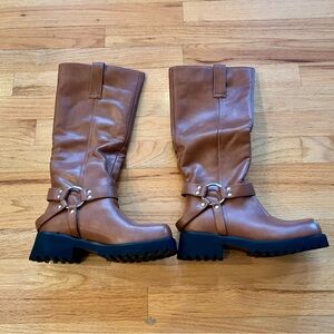 TEAIEUI Brown Square Toe Biker Knee High Boots